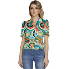 Wave Waves Ocean Sea Abstract Whimsical Puffed Short Sleeve Button Up Jacket