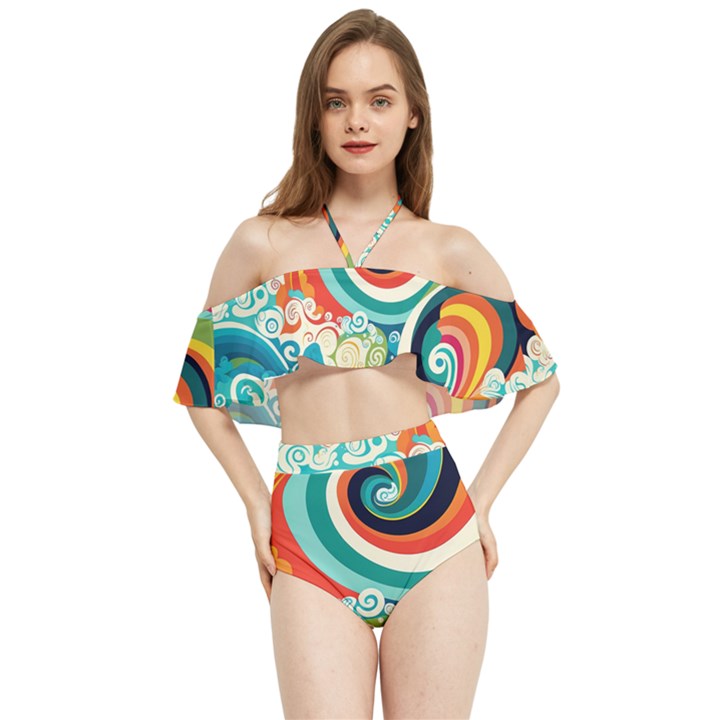 Wave Waves Ocean Sea Abstract Whimsical Halter Flowy Bikini Set 