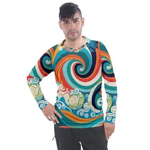 Wave Waves Ocean Sea Abstract Whimsical Men s Pique Long Sleeve Tee by Jancukart