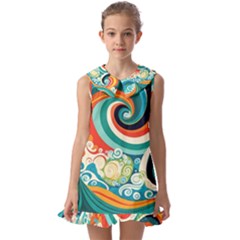 Wave Waves Ocean Sea Abstract Whimsical Kids  Pilgrim Collar Ruffle Hem Dress by Jancukart