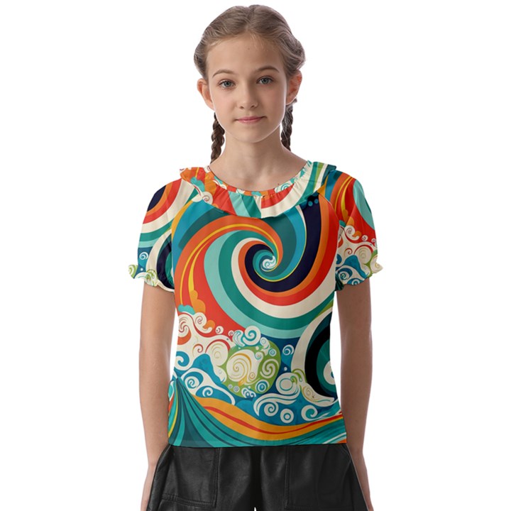 Wave Waves Ocean Sea Abstract Whimsical Kids  Frill Chiffon Blouse