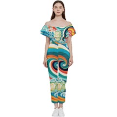 Wave Waves Ocean Sea Abstract Whimsical Off Shoulder Ruffle Top Jumpsuit