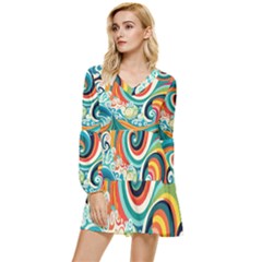 Wave Waves Ocean Sea Abstract Whimsical Tiered Long Sleeve Mini Dress by Jancukart