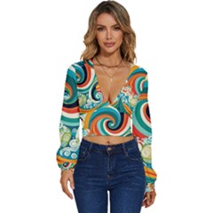 Wave Waves Ocean Sea Abstract Whimsical Long Sleeve Deep-v Velour Top