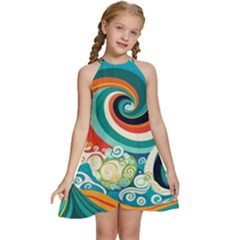 Wave Waves Ocean Sea Abstract Whimsical Kids  Halter Collar Waist Tie Chiffon Dress by Jancukart