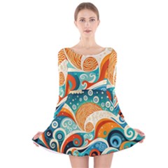 Waves Ocean Sea Abstract Whimsical (3) Long Sleeve Velvet Skater Dress