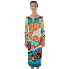 Waves Ocean Sea Abstract Whimsical (3) Quarter Sleeve Midi Bodycon Dress by Jancukart