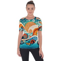 Waves Ocean Sea Abstract Whimsical (3) Shoulder Cut Out Short Sleeve Top