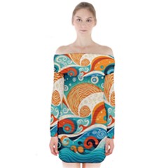 Waves Ocean Sea Abstract Whimsical (3) Long Sleeve Off Shoulder Dress