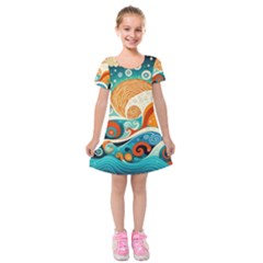 Waves Ocean Sea Abstract Whimsical (3) Kids  Short Sleeve Velvet Dress