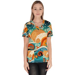 Waves Ocean Sea Abstract Whimsical (3) Women s V-neck Scrub Top by Jancukart