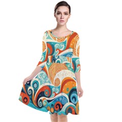 Waves Ocean Sea Abstract Whimsical (3) Quarter Sleeve Waist Band Dress