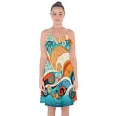 Waves Ocean Sea Abstract Whimsical (3) Ruffle Detail Chiffon Dress