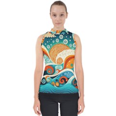 Waves Ocean Sea Abstract Whimsical (3) Mock Neck Shell Top