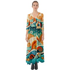 Waves Ocean Sea Abstract Whimsical (3) Button Up Boho Maxi Dress