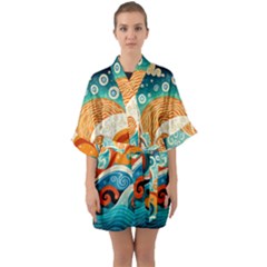 Waves Ocean Sea Abstract Whimsical (3) Half Sleeve Satin Kimono 