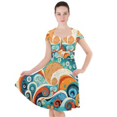 Waves Ocean Sea Abstract Whimsical (3) Cap Sleeve Midi Dress