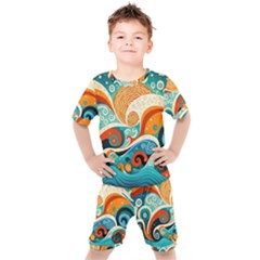 Waves Ocean Sea Abstract Whimsical (3) Kids  Tee And Shorts Set