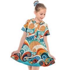 Waves Ocean Sea Abstract Whimsical (3) Kids  Short Sleeve Shirt Dress by Jancukart