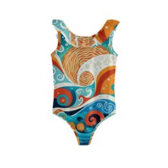 Waves Ocean Sea Abstract Whimsical (3) Kids  Frill Swimsuit