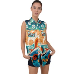 Waves Ocean Sea Abstract Whimsical (3) Sleeveless Chiffon Button Shirt