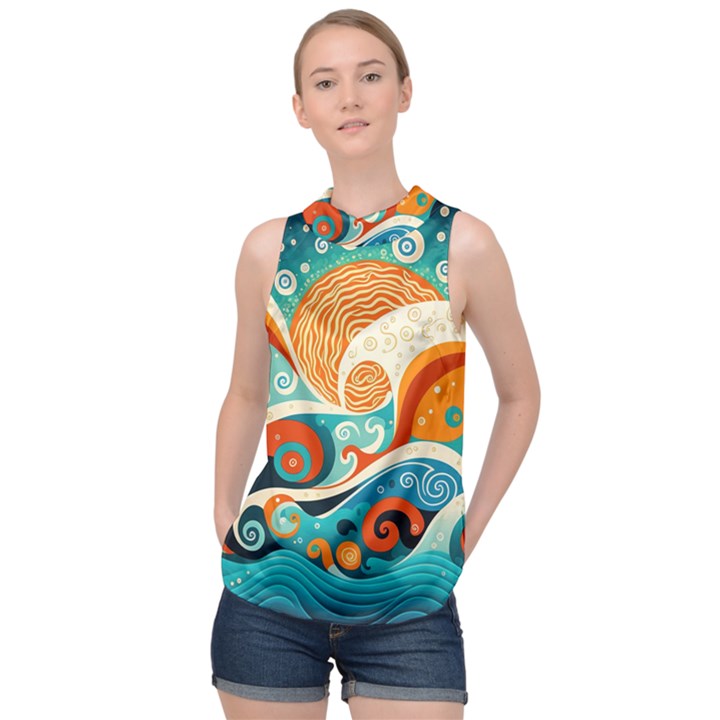 Waves Ocean Sea Abstract Whimsical (3) High Neck Satin Top