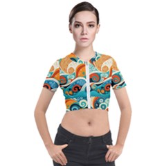 Waves Ocean Sea Abstract Whimsical (3) Short Sleeve Cropped Jacket