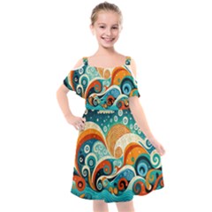 Waves Ocean Sea Abstract Whimsical (3) Kids  Cut Out Shoulders Chiffon Dress