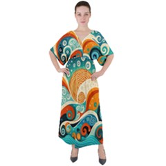 Waves Ocean Sea Abstract Whimsical (3) V-neck Boho Style Maxi Dress