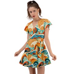 Waves Ocean Sea Abstract Whimsical (3) Flutter Sleeve Wrap Dress