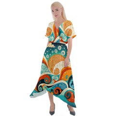 Waves Ocean Sea Abstract Whimsical (3) Cross Front Sharkbite Hem Maxi Dress