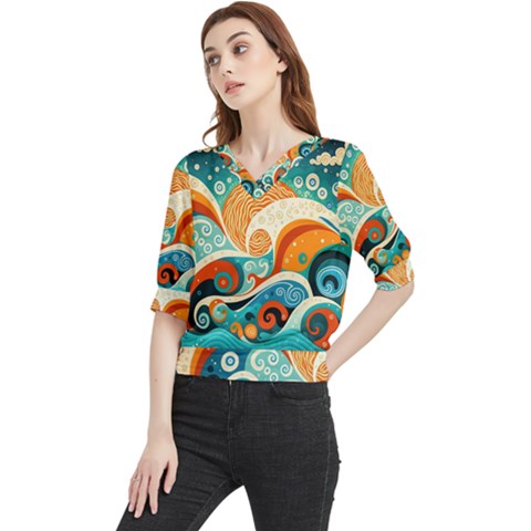 Waves Ocean Sea Abstract Whimsical (3) Quarter Sleeve Blouse by Jancukart