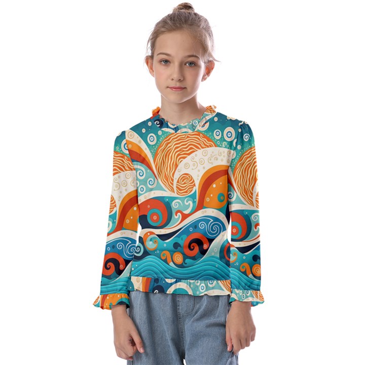 Waves Ocean Sea Abstract Whimsical (3) Kids  Frill Detail Tee