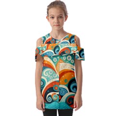 Waves Ocean Sea Abstract Whimsical (3) Fold Over Open Sleeve Top by Jancukart