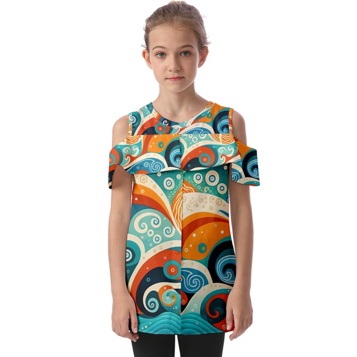 Waves Ocean Sea Abstract Whimsical (3) Fold Over Open Sleeve Top