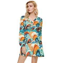 Waves Ocean Sea Abstract Whimsical (3) Tiered Long Sleeve Mini Dress by Jancukart