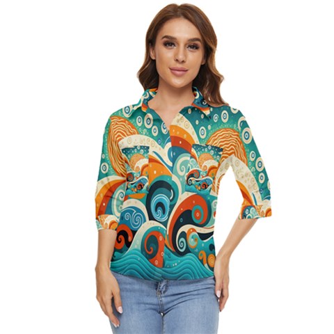 Waves Ocean Sea Abstract Whimsical (3) Women s Quarter Sleeve Pocket Shirt by Jancukart