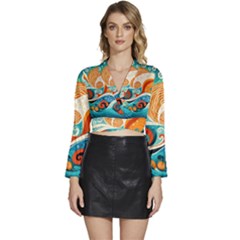 Waves Ocean Sea Abstract Whimsical (3) Long Sleeve Tie Back Satin Wrap Top