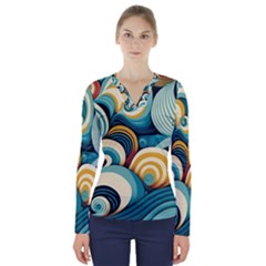 Waves Ocean Sea Abstract Whimsical (1) V-neck Long Sleeve Top