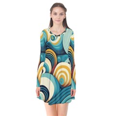 Waves Ocean Sea Abstract Whimsical (1) Long Sleeve V-neck Flare Dress