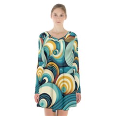 Waves Ocean Sea Abstract Whimsical (1) Long Sleeve Velvet V-neck Dress