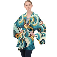 Waves Ocean Sea Abstract Whimsical (1) Long Sleeve Velvet Kimono 