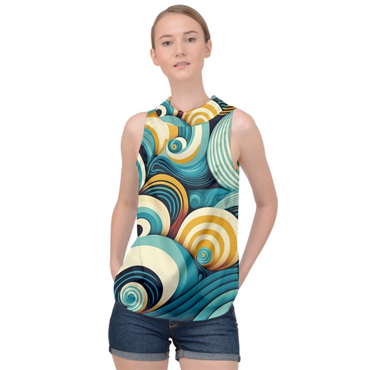 Waves Ocean Sea Abstract Whimsical (1) High Neck Satin Top