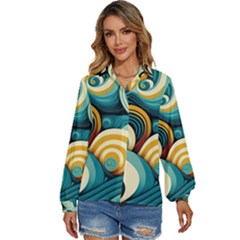 Waves Ocean Sea Abstract Whimsical (1) Women s Long Sleeve Button Down Shirt