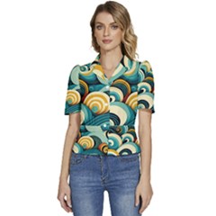 Waves Ocean Sea Abstract Whimsical (1) Puffed Short Sleeve Button Up Jacket