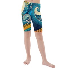 Waves Wave Ocean Sea Abstract Whimsical Kids  Mid Length Swim Shorts