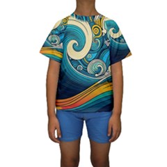 Waves Wave Ocean Sea Abstract Whimsical Kids  Short Sleeve Swimwear