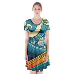 Waves Wave Ocean Sea Abstract Whimsical Short Sleeve V-neck Flare Dress