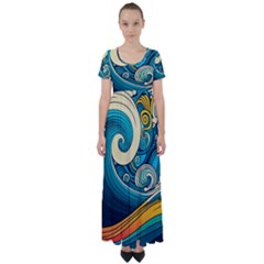 Waves Wave Ocean Sea Abstract Whimsical High Waist Short Sleeve Maxi Dress