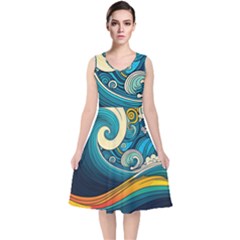 Waves Wave Ocean Sea Abstract Whimsical V-neck Midi Sleeveless Dress 